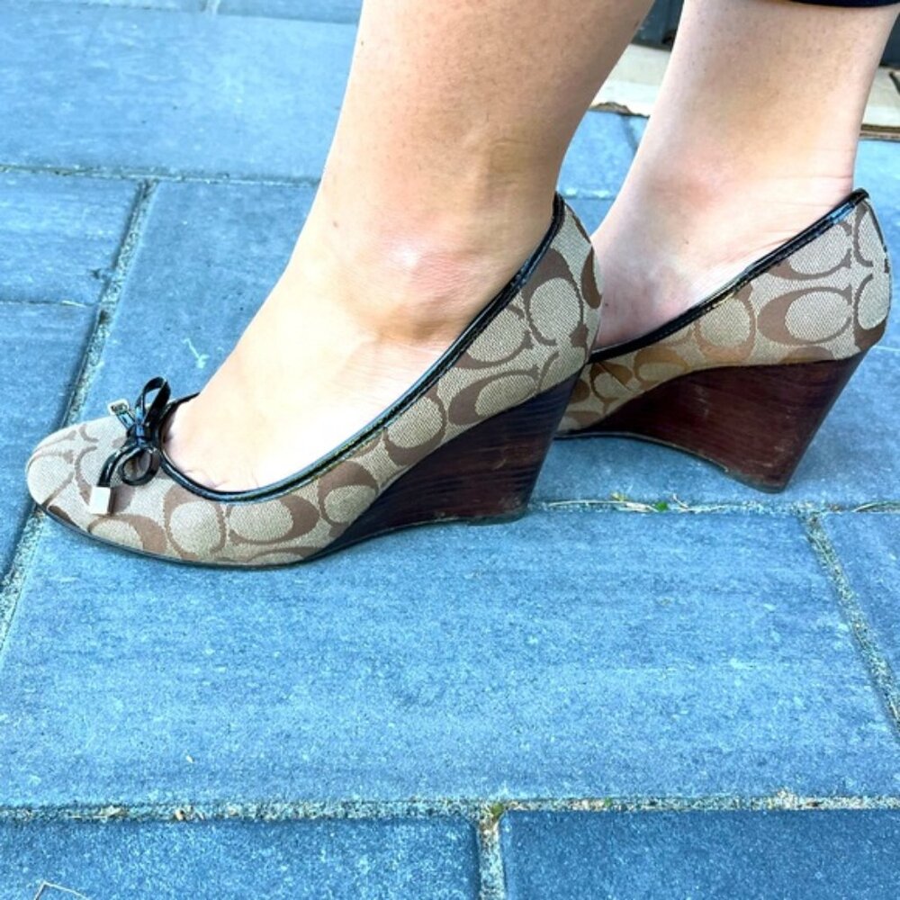 COACH Closed Toe Wooden Wedge Logo Pumps - Size 6.5US
